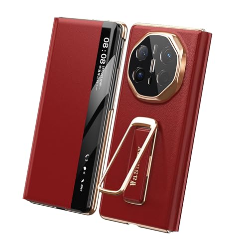 FDUJINH Echtes Leder Hülle Für Huawei Mate X6, Intelligenter Sichtbares Fenster Flip Handschlaufe Handyhülle Unsichtbarer Ständer Rundumschutz Fall,Rot,Mate X6 von FDUJINH