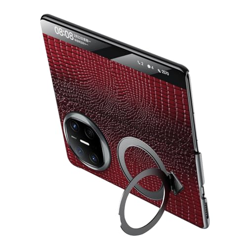 FDUJINH Echtes Leder Hülle Für Huawei Mate X6, Sichtbares Fenster Handyhülle Magnetisch Ring Ständer Luxus Krokodilmuster Schutzhülle,Rot,Mate X6 von FDUJINH