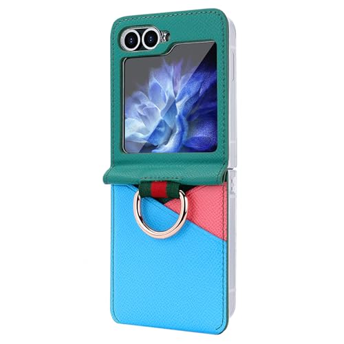 FDUJINH Handyhülle Für Samsung Galaxy Z Flip 6, Mit Ringständer Und Kartenfach Geldbörsen RFID Schützt Leder Hülle Zweifarben-Design,Grün,Flip 6 von FDUJINH