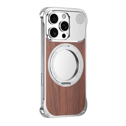 FDUJINH Handyhülle Für iPhone 16 Pro Max/16 Pro/16, Magnetisches Drehbar Ständer Metall Holz Hülle Rahmenlose Aromatherapie Stoßfest Schutzhülle,Silber,16 Pro Max von FDUJINH