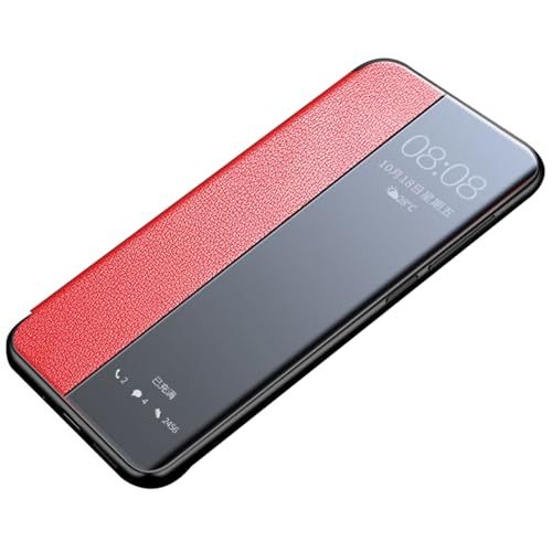 FDUJINH Handyhülle Für iPhone 16 Pro Max/16 Pro/16 Plus/16, Sichtbares Fenster Flip Hülle Leder Ganzkörperschutz Stoßfest Ultradünnes Schutzhülle,Rot,16 Pro von FDUJINH