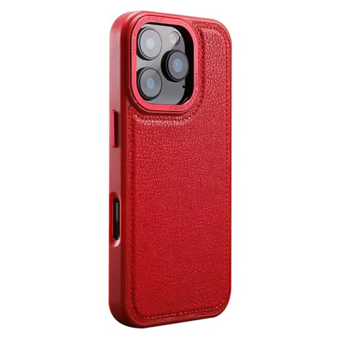 FDUJINH Handyhülle Leder Für iPhone 16 Pro Max/16 Pro/16 Plus/16, Kameraschutz Dünne Schutzhülle Magnetisch Kabellos Laden Retro Hülle,Rot,16 Plus von FDUJINH