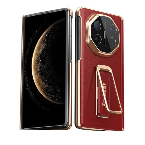 FDUJINH Hülle Für Huawei Mate X6, Echtes Leder Luxus Handyhülle Rückseite Unsichtbarer Ständer Handschlaufe Kameraschutz Scharnier Schutzhülle,Rot,Mate X6 von FDUJINH