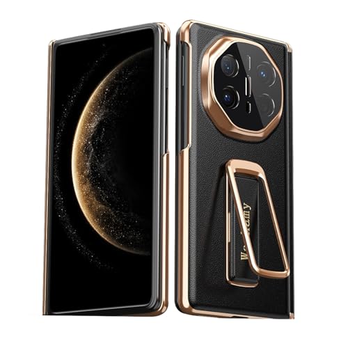 FDUJINH Hülle Für Huawei Mate X6, Echtes Leder Luxus Handyhülle Rückseite Unsichtbarer Ständer Handschlaufe Kameraschutz Scharnier Schutzhülle,Schwarz,Mate X6 von FDUJINH