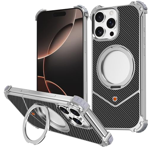 FDUJINH Hülle Für iPhone 16 Pro Max/16 Pro, Magnetisches Drehbar Ring Ständer Handyhülle Kohlenstofffaser Metall Rahmenlos Stossfest Schutzhülle,Silber,16 Pro Max FDUJINH Hülle Für iPhone 16 Pro Max/16 Pro, Magnetisches Drehbar Ring Ständer Handyhülle Kohlenstofffaser Metall Rahmenlos Stossfest Schutzhülle,Silber,16 Pro Max von FDUJINH