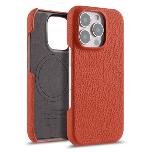 FDUJINH Hülle Für iPhone 16 Pro Max/16 Pro/16 Plus/16, Echt Leder Magnetisch Schutzhülle Ultra Dünne Stoßfeste Anti-Fingerabdruck Handyhülle,Orange,16 Pro von FDUJINH
