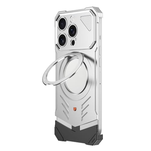 FDUJINH Hülle Metall Für iPhone 16 Pro Max/16 Pro, Magnetisches Ring Ständer Rahmenlos Handyhüllen Wärmeableitung Kratzfeste Aluminiumlegierung Hülle,Silber,16 Pro Max von FDUJINH