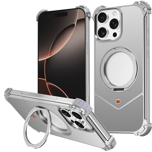 FDUJINH Magnetische Hülle Für iPhone 16 Pro Max, Militär-Grade Sturzfestigkeit Metall Handyhüllen Mit Ring Halter Stand No Border PC Rückseite Schutzhülle,Silber,16 Pro Max FDUJINH Magnetische Hülle Für iPhone 16 Pro Max, Militär-Grade Sturzfestigkeit Metall Handyhüllen Mit Ring Halter Stand No Border PC Rückseite Schutzhülle,Silber,16 Pro Max von FDUJINH