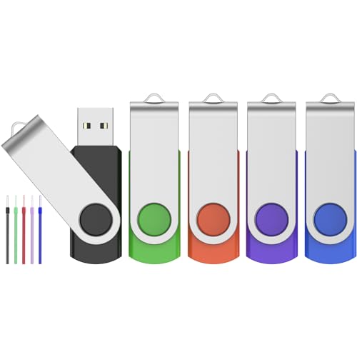 FEBNISCTE 16GB USB Stick 5 Stück - Bunt Speicherstick Einklappbar mit Drehgelenk USB 2.0 Flash Laufwerk 16 GB Metall Datenspeicher Pen Drive mit Kabel in 5 Farben Schwarz/Blau/Grün/Violett/Rot von FEBNISCTE