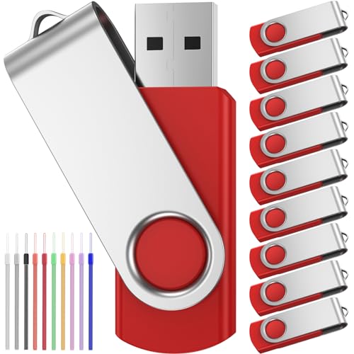 FEBNISCTE Speicherstick 2GB 10 Stück USB Sticks Einklappbar mit Drehgelenk 2 GB Memory Stick Rote USB 2.0 Flash Laufwerke Daten-Speicherung mit Kabel Pendrive für Werbegeschenke von FEBNISCTE