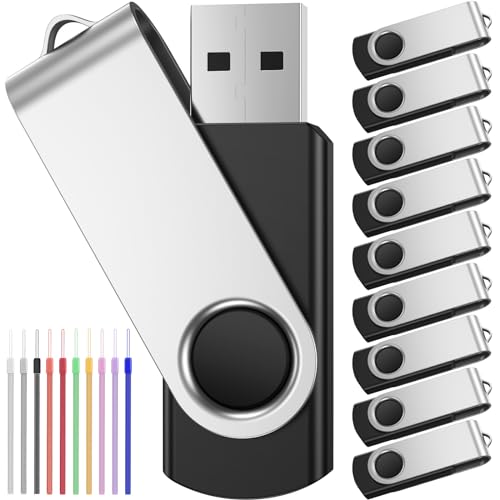 FEBNISCTE USB Sticks 32GB 10 Stück Billig Speichersticks - Rotate Schwarz 32 GB USB 2.0 Memory Stick Flash Laufwerk - Datenspeicher Pendrive Metall Bunt Flash Drive mit Kabel für Abschlussgeschenk von FEBNISCTE