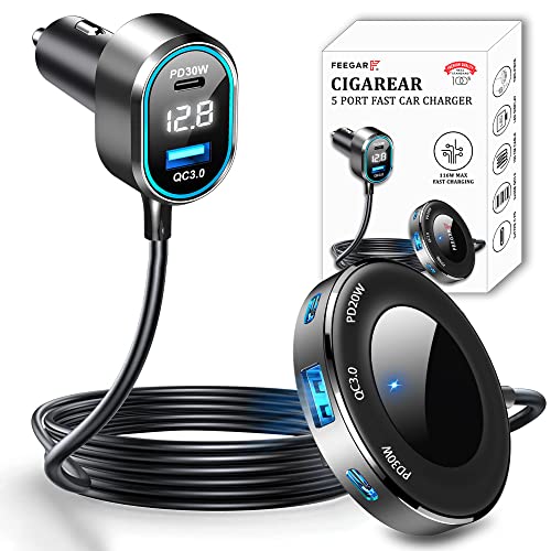 Feegar CigaRear 116W, 5X USB QC 3.0 PD 30W Auto Ladegerät, 12V/24V Zigarettenanzünder Adapter USB KFZ Verteiler LED Spannunganzeige für Smartphone Tablet Dashcam GPS von FEEGAR F