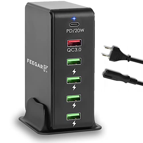 Feegar Tower 86W Ladestation USB 6-Port Desktop Wandladegerät,Tragbarer Mehrfach Port USB Ladegerät mit 6 USB-A und USB-C PD Quick Charge QC 3.0 Compatible für iPhone, Samsung Galaxy, Tablets von FEEGAR F