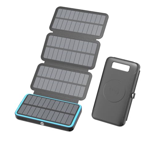 Solar Power Bank 27000mAh Wireless Powerbank - FEELLE 22,5W Schnellladung USB-C Externes Akkupack mit PD 4.0 QC 3.0 USB-Ausgang & 4 Solarpanels für Smartphones, Tablets (Blau) von FEELLE
