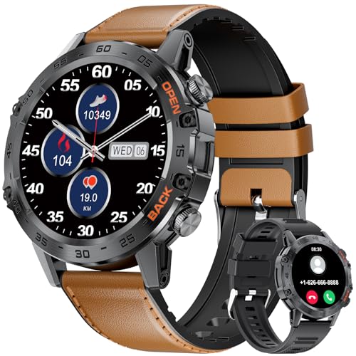 Militär Smartwatch für Herren, Smartwatches mit kabellosem Anruf Kompatibel Android iPhone Telefon, Smartwatch mit Herzfrequenz SpO2 Schlafmonitor, Wasserdicht Taktische Militär Uhr mit Lederband Militär Smartwatch für Herren, Smartwatches mit kabellosem Anruf Kompatibel Android iPhone Telefon, Smartwatch mit Herzfrequenz SpO2 Schlafmonitor, Wasserdicht Taktische Militär Uhr mit Lederband von FEELNEVER