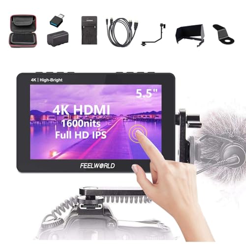 Feelworld F6 Pro 5,5 Zoll Touchscreen On-Kamera-Monitor 1600Nits High Bright 4K HDMI IPS 1920 x1080 eingereichter Kamera-Monitor mit Batterie- und Ladegerät-Tragetastkit von FEELWORLD