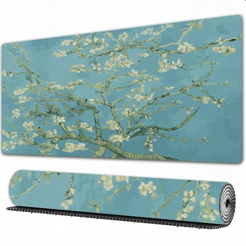FEHWI Mauspad 90×40 cm Verlängertes großes Mauspad Schreibtischauflage,inspiriert vom Gemälde „Mandelblüte“ von Vincent Van Gogh.,genähte Kanten Gaming Mauspad,rutschfeste Gummibasis von FEHWI