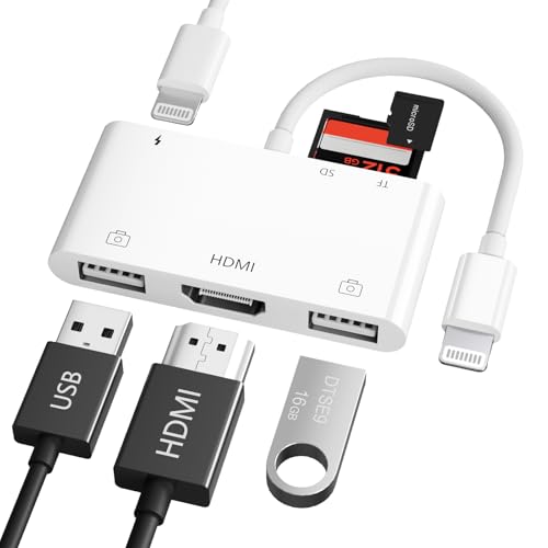 iPhone HDMI USB Adapter, 5-in-1 HDMI Digital AV USB SD/TF Adapter, iPhone USB Adapter mit Ladeanschluss, SD/TF Kartenleser Kompatibel mit iPhone14/14Pro/14ProMax/14Plus/13/12/11/SE/X/8/7/6, i-Pad von FEINODI