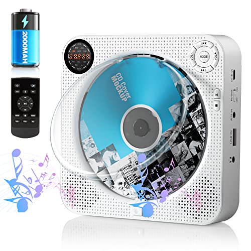 Tragbarer CD Player mit Bluetooth, wiederaufladbarer cd Player für Wandmontage mit HiFi Lautsprecher, UKW-Radio Boombox mit Fernbedienung, Staubschutzhülle LED Bildschirm USB- und AUX-Anschluss von FELEMAN