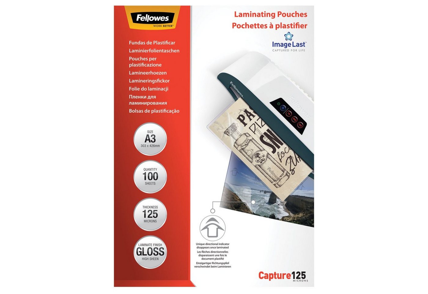 FELLOWES Schutzfolie Fellowes® 53075 Laminierfolie A3 glänzend Capture 125mic - 100 Stück, Abgerundete Ecken von FELLOWES