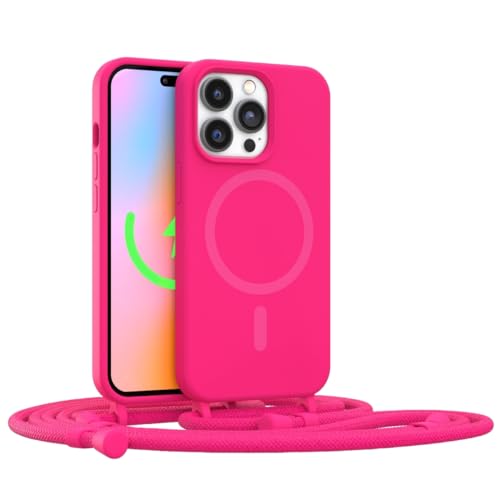 FELONY CASE - iPhone 13 Pro Max Hülle, Stylische Neonrosa Freisprechband iPhone Hülle mit Verstellbarer Halskette - Schutzhülle Silikon Crossbody Case für iPhone 13 Pro Max - Kompatibel mit MagSafe von FELONY CASE