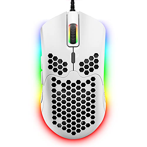 Leichte Gaming-Maus, kabelgebunden, 6400 dpi, Maus mit Hintergrundbeleuchtung und 7 Tasten, ultraleichtes Wabengehäuse, ultragewebtes Kabel für PC-Gamer und Xbox und PS4-Benutzer (weiß) von FELiCON