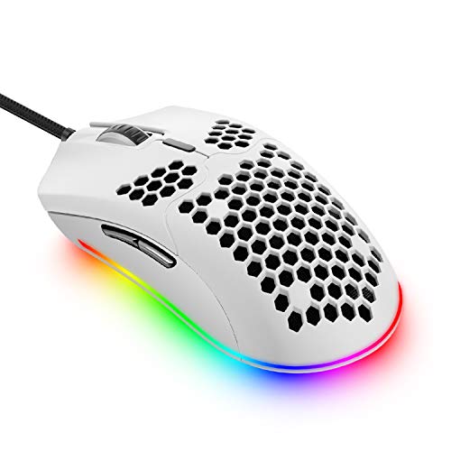 Leichte kabelgebundene Gaming-Maus mit 7 Tasten, 16 RGB Hintergrundbeleuchtung, programmierbarer Treiber, PAW3325, 12000 DPI, Wabengehäuse, Ultraweave-Kabel für PC X-Box PS4 Gamer Weiß weiß von FELiCON