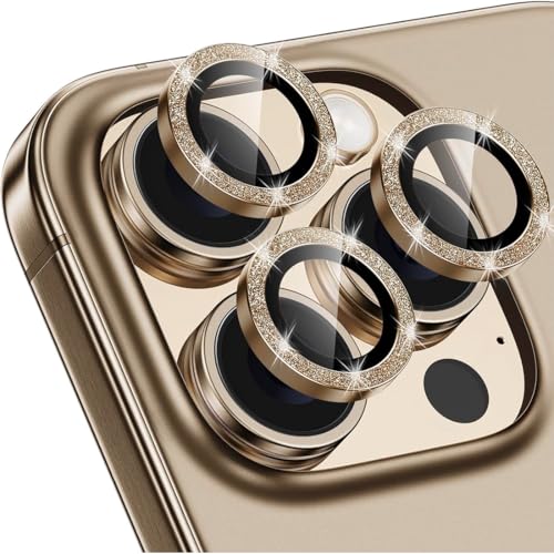 FENQURO Kameraschutz für iPhone 16 Pro/16 Pro Max Kamera Schutzfolie, Glitzerpulver Metallring Displayschutzfolie 9H Gehärtetem Glas Anti-Kratzen Kamera für iPhone 16 Pro/16 Pro Max（Gold） von FENQURO