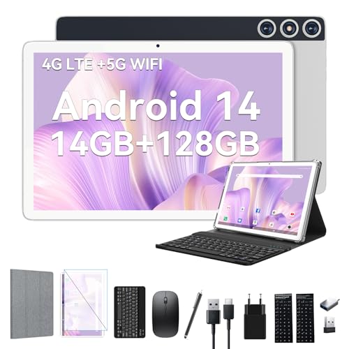 2025 Neueste Android 14 Tablet 10 Zoll,4G LTE Tablets Mit 2 SIM 1 SD slot,5G Wifi Tablett PC Mit 14GB+128GB(1TBTF),3-in-1 Tablet Mit Tastatur Maus-Octa-core,1080FHD,13+8MP,7000mAh,GPS/OTG-Silber von FEONAL