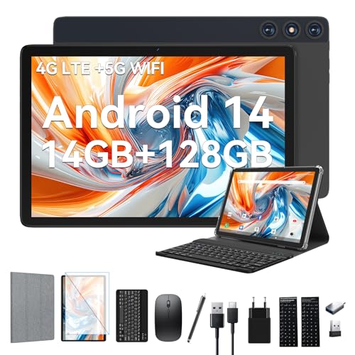 2025 Neueste Android 14 Tablet 10 Zoll,4G LTE Tablets Mit 2 SIM 1 SD slot,5G Wifi Tablets PC Mit 14GB+128GB(1TBTF),3-in-1 Tablet Mit Tastatur Maus-Octa-core,1080FHD,13MP+8MP,7000mAh,GPS/OTG-Grau von FEONAL