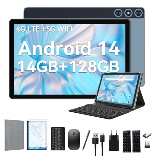 2024 Neueste Android 14 Tablet 10 Zoll,4G LTE Tablets Mit 2 SIM 1 SD slot,5G Wifi Tablet PC Mit 14GB+128GB(1TBTF),3-in-1 Tablet Mit Tastatur Maus-Octa-core,1080FHD,13MP+8MP,7000mAh,Type-C/GPS/OTG-Blau von FEONAL