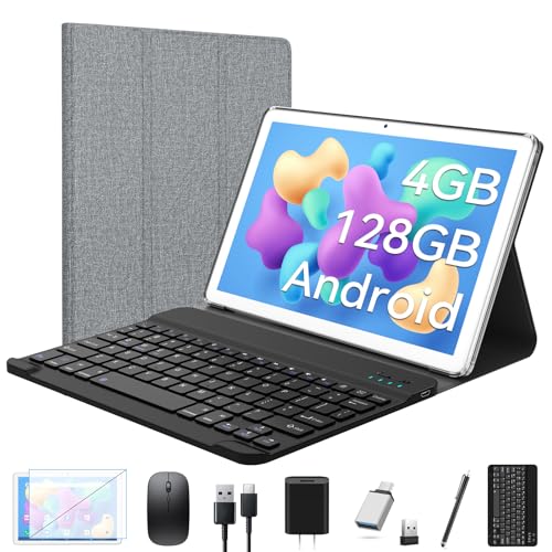2025 Neueste Tablet 10 Zoll,2-in-1 Tablet Mit Tastatur,5G Wifi Android Tablet Pc-128GB ROM(1TB TF),Bluetooth 5.0,Octa-core1.8Ghz,1080FHD,13MP+8MP Kamera,7000mAh,GMS-Zertifizierung,Typ-C/GPS/OTG-Silber von FEONAL