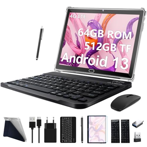 2024 Neueste Tablet 10 Zoll,3-in-1 Tablet Mit Tastatur Maus Stift,Android 13 4G LTE Tablets Mit 2 SIM 1 SD,64GB ROM 512GB TF-Octa-Core | 1080P FHD | 13MP | 6000mAh | Bluetooth | WLAN GPS Typ C-Grau von FEONAL