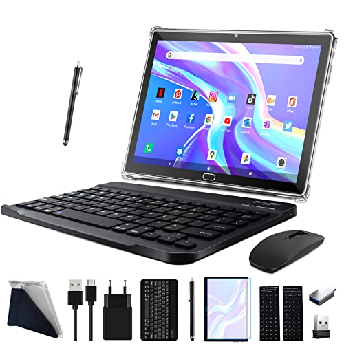 2024 Neueste Tablet 10 Zoll,3-in-1 Tablet Mit Tastatur Maus Stift,Android 13 4G LTE Tablets Mit 2 SIM 1 SD,64GB ROM 512GB TF-Octa-Core | 1080P FHD | 13MP | 6000mAh | Bluetooth | WLAN GPS Typ C-Schwarz von FEONAL