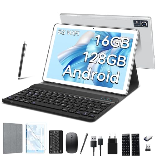 2024 Neueste Tablet 10 Zoll,5G Wifi Android 12 Tablet Mit 16GB RAM+128GB ROM(1TB TF),2-in-1 Tablet Mit Tastatur Maus Stift-Octa-Core2.0Ghz | 7000mAh | 1080FHD | 13MP Kamera |WLAN GPS OTG Typ-c-Silber von FEONAL