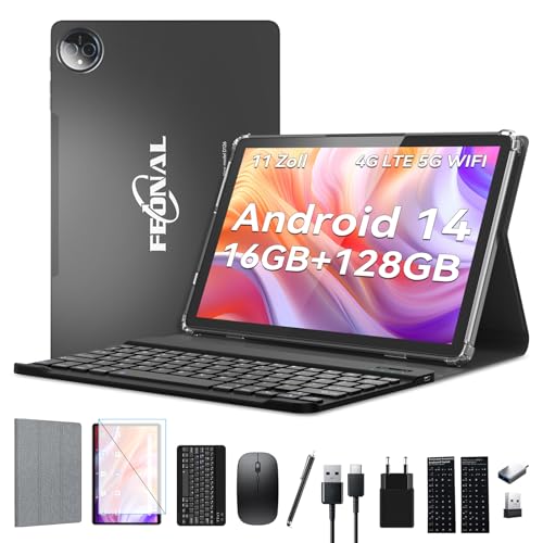 2025 Neueste Tablet 11 Zoll Android 14 Tablets,Tablet mit Tastatur Maus,5G Wifi Tablett PC Mit 16GB+128GB(1TBTF),4G LTE Tablets Mit 2 SIM 1 SD slot-Octa-core,1080FHD,13+8MP,7000mAh,Type-C/GPS/OTG-Grau von FEONAL