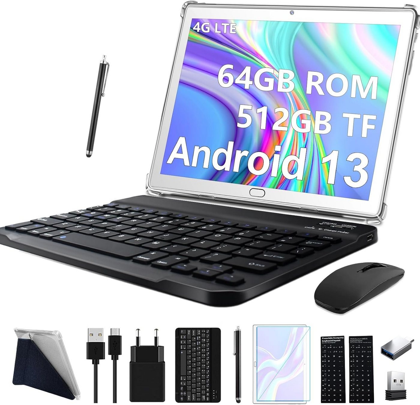 FEONAL Neueste Mit 2 SIM 1 SD, 2-in-1 Tablet (10, 64 GB, Andriod 13, 4G LTE, Mit Tastatur Maus Stift 512GB TF Octa-Core Bluetooth, WLAN GPS Typ C)" von FEONAL