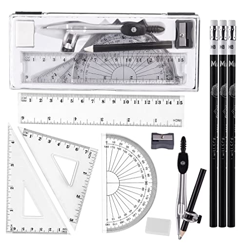 FEPITO 11-teiliges Mathe-Geometrie-Kompass-Set Schüler-Mathematik-Winkelmesser-Set Schulbriefpapier-Set mit Linealen, Bleistift und Radiergummi im Tragetasche von FEPITO