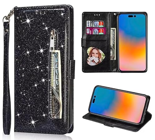 FERLAN Handyhülle für Samsung Galaxy J730/j7 2017 Hülle,Flip Case Lederhülle Reißverschluss Magnetverschluss Brieftasche mit 3 Kartenfächern Standfuntion Retro Matt Ledertasche,Glitzer Schwarz von FERLAN