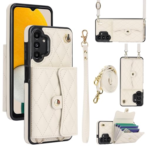 FERLAN Handykette Hülle kompatibel Samsung Galaxy A13 4G/A13 5G,Band Hülle aus Mikrofaserleder mit Geldbörse und Kartenfach,Crossbody-Reißverschluss-Hülle mit Gurt am Handgelenk - Weiß von FERLAN