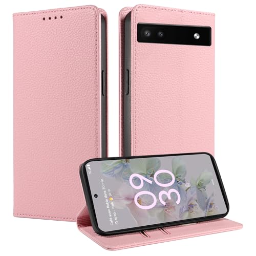 FERLAN Hülle für Google Pixel 7a Schutzhülle [Litschi Leder][Kartenfach][Magnet][Standfunktion][RFID-Sperre],Handyhülle Ledertasche Kompatibel mit Google Pixel 7a - Roségold von FERLAN