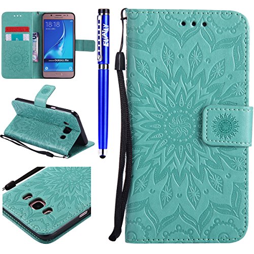 FESELE Kompatibel mit Galaxy J5 2016 Leder Handy Hülle, Sonnenblume Mandala Blumen Muster Flip Case Wallet Case Flip Schutzhülle Brieftasche Hülle Klapphülle mit Kartenfach,Grün von FESELE