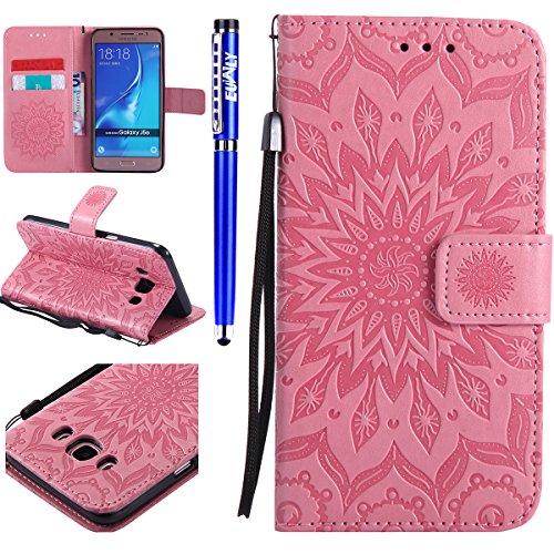 FESELE Kompatibel mit Galaxy J5 2016 Leder Handy Hülle, Sonnenblume Mandala Blumen Muster Flip Case Wallet Case Flip Schutzhülle Brieftasche Hülle Klapphülle mit Kartenfach,Rosa von FESELE