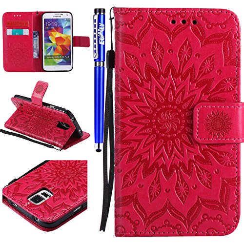 FESELE Kompatibel mit Galaxy S5 Leder Handy Hülle, Sonnenblume Mandala Blumen Muster Flip Case Wallet Case Flip Schutzhülle Brieftasche Hülle Klapphülle mit Kartenfach,Rose von FESELE