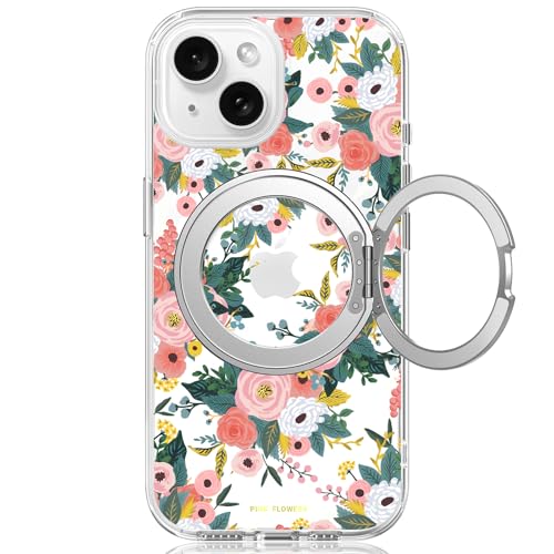 Schutzhülle für iPhone 15, mit MagSafe-Ständerring für Frauen, süßes Frühlingsblumen-Design mit 360°-Ständer, magnetisch, stoßfest, robuster Schutz, rosa Blume Schutzhülle für iPhone 15, mit MagSafe-Ständerring für Frauen, süßes Frühlingsblumen-Design mit 360°-Ständer, magnetisch, stoßfest, robuster Schutz, rosa Blume von FEWGEY