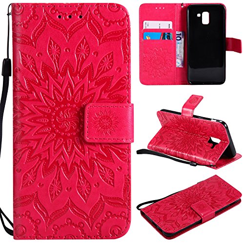FEYYXI Handyhülle für Galaxy J6 / On6 Hülle Leder Schutzhülle Brieftasche mit Kartenfach Stoßfest Handyhülle Case für Samsung Galaxy J6 / On 6 2018 - FEKT20381 Rot von FEYYXI