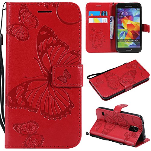 FEYYXI Handyhülle für Galaxy S5 Hülle Leder Schutzhülle Brieftasche mit Kartenfach Stoßfest Handyhülle Case für Samsung Galaxy S5 - FEKT40664 Rot von FEYYXI