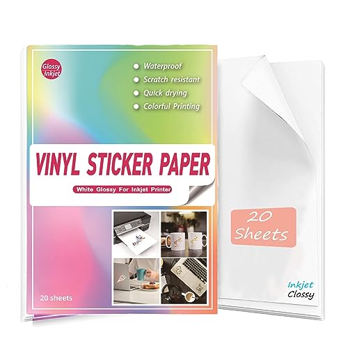 Sticker papier zum bedrucken A4 Glänzend Weiß-20 Blätter，Wasserfester Vinylaufkleber für Inkjetdrucker und Laserdrucker Inkjet Etiketten Papier Selbstklebendön & Trocknet Schnell von FGGNCBL