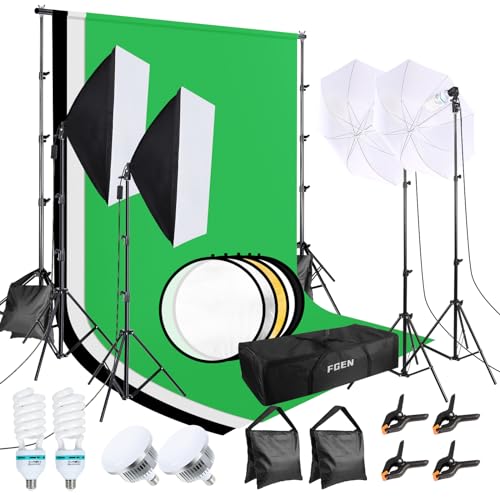 Fotostudio Set, FGen Baumwolle Greenscreen Set 2.6Mx3M Fotostudio Hintergrundsystem mit 135W CFL Fotolampe 85W LED Fotolampe Reflektor Fotoschirme Sandsack für Produkt Porträt Video Fotografie von FGen