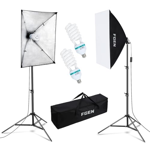 Softbox Fotostudio Set,FGen Fotolicht 2x50x70cm Beleuchtung für Fotostudios mit E27 Sockel 135W 5500K Fotolampe und 2M verstellbare Lichtstative für Studio-Porträts, Produktfotografie von FGen